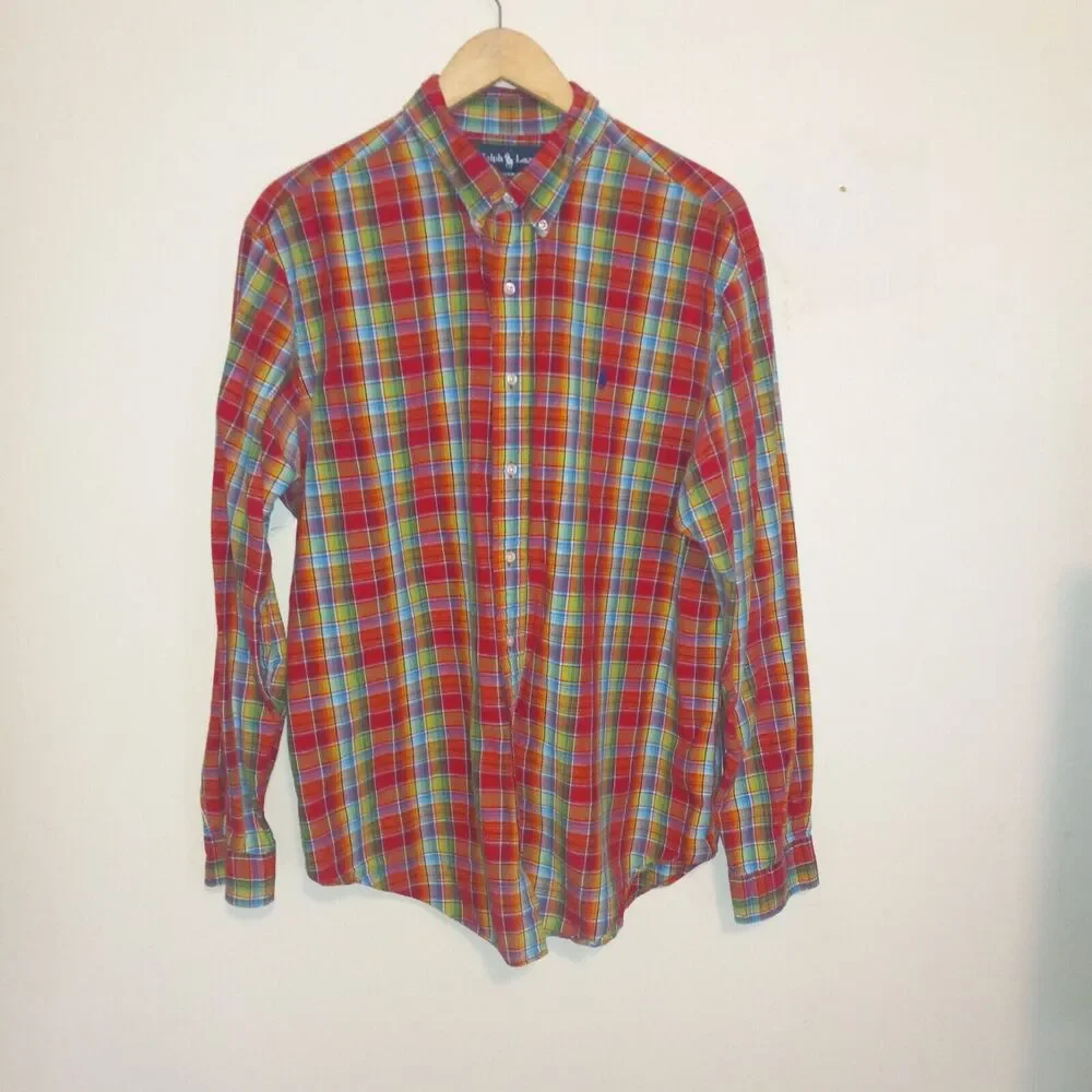 Ralph Lauren Classic Fit Madras Plaid Button Down Shirt-XL-Linen Blend-Bright